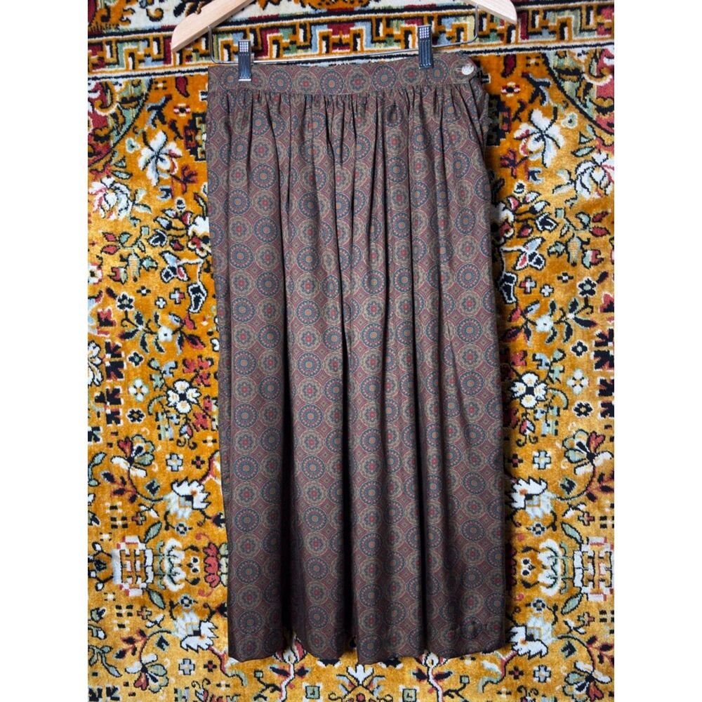 Bloomingdale’s Luxury 100% Silk Brown Printed Skirt 80s Vintage size 10